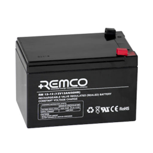 REMCO RM12-12 AGM Sealed lead acid battery 12V 12Ahr T2 terminal type 151x98x95mm LxWxH UPS Battery general purpose rechargeable AGM for alarm system lighting electronic test quipment toys and more.