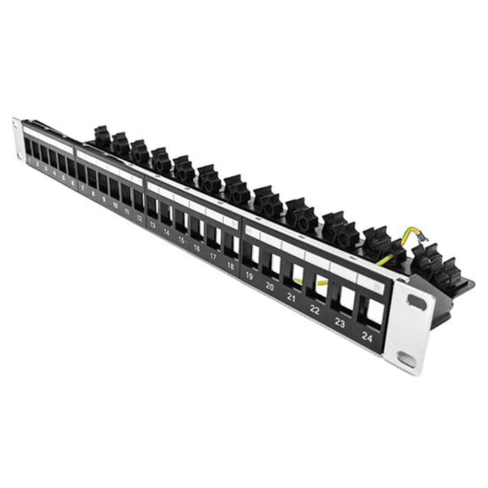 Dynamix PP-UK-24RMV2  Horizontal 19   1RU Unloaded 24 Port UTP Patch PanelKeystoneInsertswithRearCable Management bar. Grounding Wire Included. RoHS Numbered 1-24.