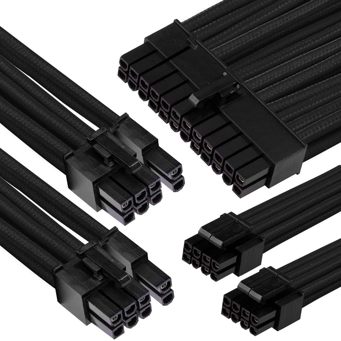 GGPC Gaming PC Braided Cable Kit Pack (Black 40cm) Set of 5 Cables. Includes 1 x 20+4 Pin 2 x 6+2 Pin 2 x 4+4 Pin Extension Cables