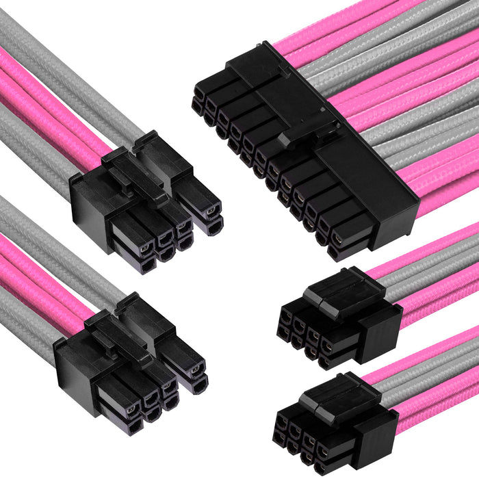 GGPC Gaming PC Braided Cable Kit Pack (Grey & Pink 40cm) Set of 5 Cables. Includes 1 x 20+4 Pin 2 x 6+2 Pin 2 x 4+4 Pin Extension Cables