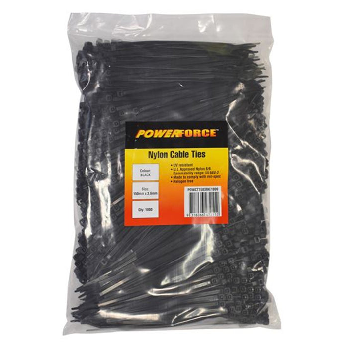 Powerforce POWCT1503BK-1000  Cable Tie Black 150mm x 3.6mm Nylon UV 1000pk