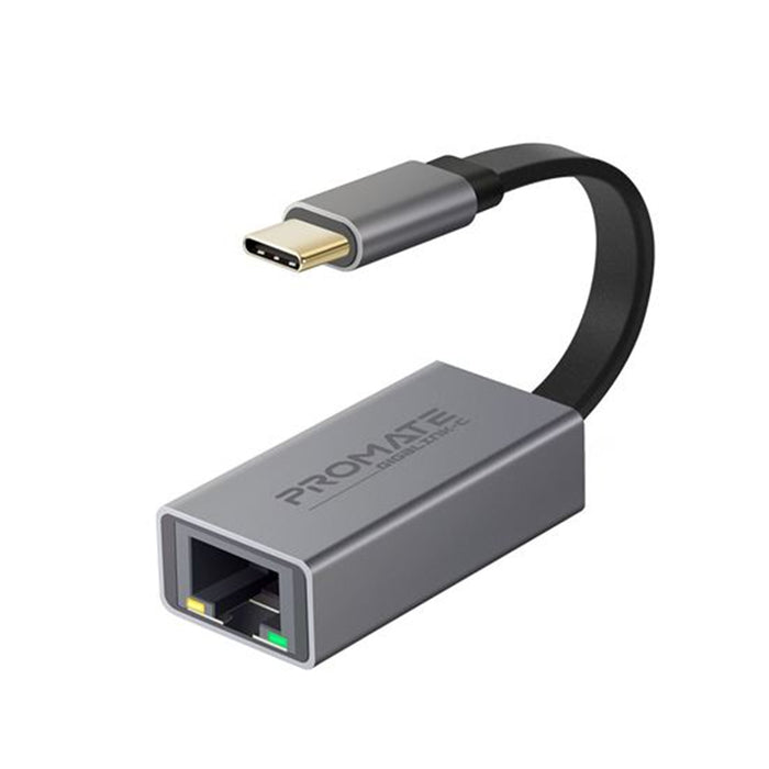 Promate GIGALINK-C.GRY  High Speed USB-C to RJ45    Gigabit EthernetAdapter.CompactDesignPremuimAluminum Alloy Supports All USB-C Devices such as Laptops Tablets & Mobiles. Plug & Play. Grey Colour.