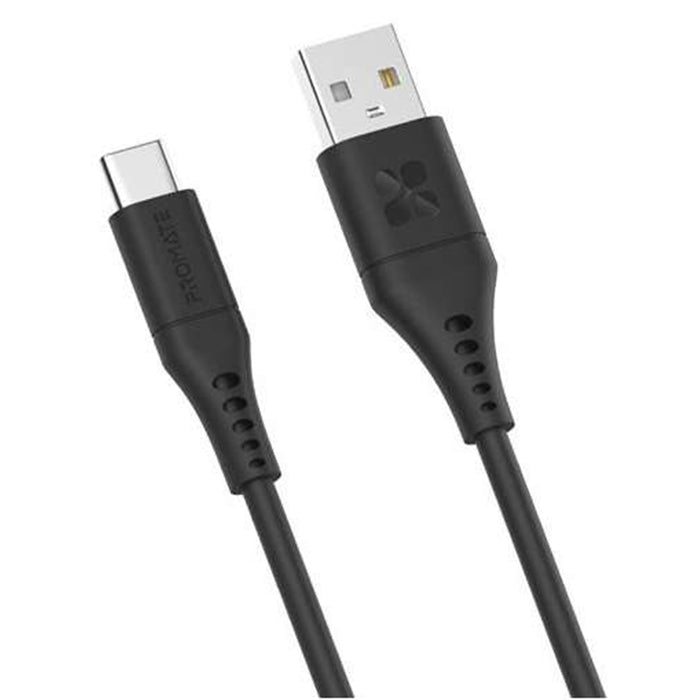 Promate POWERLINK-AC200B 2m USB-A to USB-C Data      & Charge Cable. Data Transfer Rate 480Mbps. TotalCurrent3A.Durable Soft Silicon Cable. Tangle Resistant 25000+ Bend Tested. Black