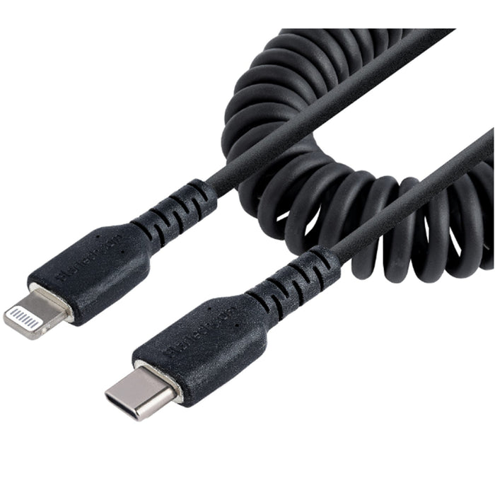 StarTech RUSB2CLT50CMBC USB-C to Lightning Cable 50cm / 20in MFi Certified Coiled iPhone Charger Cable Black Durable TPE Jacket Aramid Fiber Heavy Duty Coil Lightning Cable