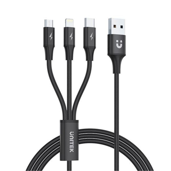 Unitek C14049BK 1.2m USB 3-in-1 Charge Cable. Integrated USB-A to Micro-B LightningConnector&USB-C Connector. Black Colour.