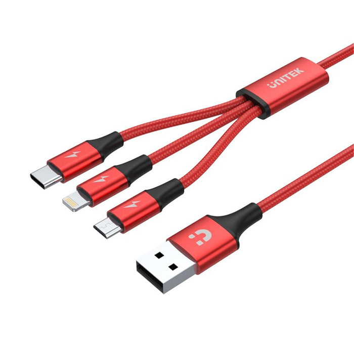 Unitek C4049RD 1.2m 3-in-1 USB-A to USB-C / Micro USB / Lightning Multi Charging Cable Charging Cable 2.4A speedy charging Airflow aluminium connector