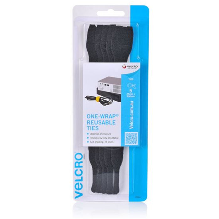 Velcro VEL25564 25mm x 200mm ONE-WRAP  Reusable Hook & Loop 5 Pack Cable Ties. SelfGrippingSuper-strong Strap Wraps Around Items of Almost any Shape. Ideal for Wire Control. Black Colour