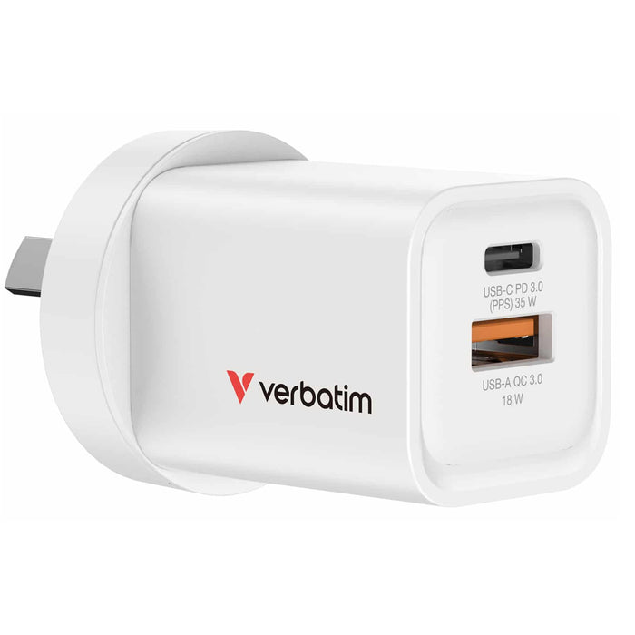 Verbatim 67015 2 Port 35W USB-A / C GaN Charger - White 95% PCR