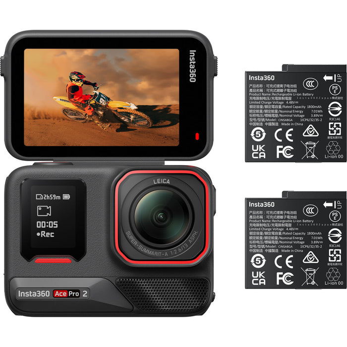 Insta360 Ace Pro 2 8K Action Camera Dual Battery Bundle - Leica f/2.6 Lens - 90-Minute Runtime - 10M Waterproof - 1/1.3" 48MP Sensor - Active HDR Capture