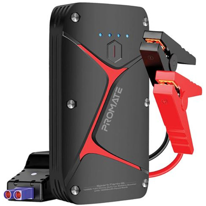 Promate SPARKTANK-16.BLK 12V IP67 Car Jump Starter with Built-in 16000mAh Power Bank 80lm LED Flashlight - Damage-free Smart Clamps to Protect Against Short Circuits - Micro-USB & USB-C Inputs - 2x USB-A Outputs