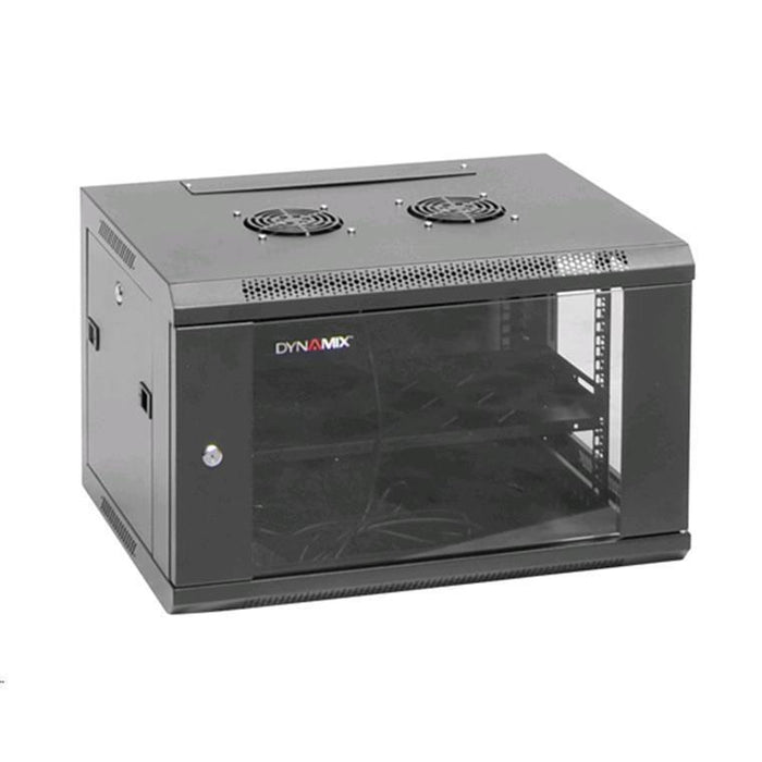 Dynamix RWM6 6RU Wall Mount Cabinet 450mm Deep (600 x 450 x 368mm) Includes 1x Fixed Shelf 2x Fans & 10x Cage Nuts. Black Gloss Colour front door.