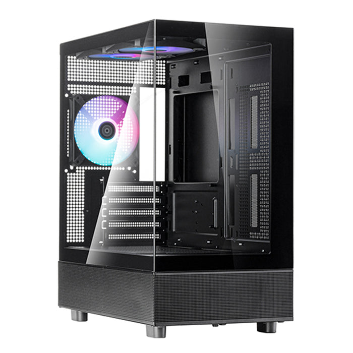 Silverstone LD04 Black MATX Mini Tower Case Tempered Galss 3x 120mm A-RGB Fan Per-installed CPU Cooler Support Upto 177mm GPU Support Upto 350mm 5x PCI Slot 280mm Radiator Supported Front I/O: 2x USB 1x Typpe C HD Audio
