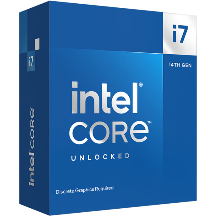 Intel Core i7 14700KF CPU 20 Cores / 28 Threads -33MB Cache - LGA 1700 Socket - 125W TDP - Intel 600/700 Series Motherboard Required - Heatsink Not Included - Discrete Graphics Required