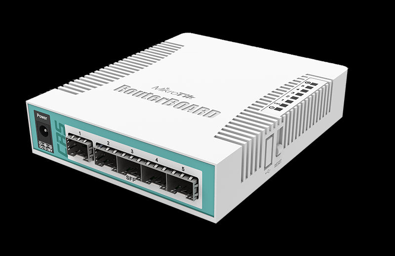 MikroTik Cloud Router Switch 106-1C-5S with QCA8511 400MHz CPU, 128MB RAM, 1x Combo port (Gigabit Ethernet or SFP), 5 x SFP cages, RouterOS L5