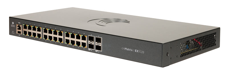 Cambium cnMatrix EX1028, Intelligent Ethernet Switch, 24 1G and 4 1 Gbps SFP fiber ports. Enterprise-grade L2 functionality, includes lifetime cloud or on-premises management. 5-year warranty