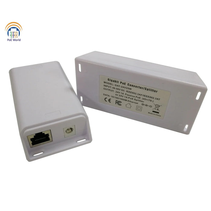 PoE World 802.3at compatible Active PoE to 24v passive Gigabit Splitter