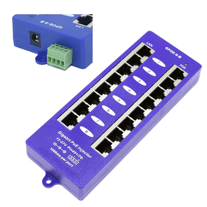 PoE World 8 Port Shielded Gigabit Passive Mode B Power over Ethernet injector