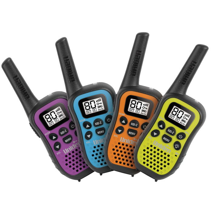 Uniden UH45-4 QUAD PACK 500mW UHF-CB Handhelds - Coloured Face Plates Mini walkie talkie 3+km 20+hrs 80 Channels Mini Compact Size Inbuilt LED Light