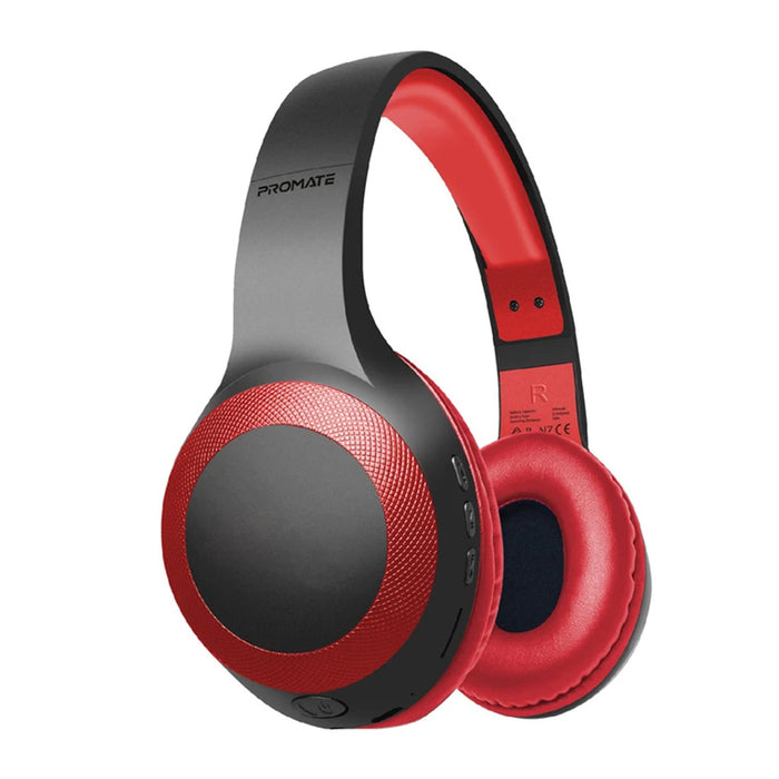 Promate LABOCA.RED Wireless Over-Ear Headphones - Red Deep Bass - Bluetooth 5.0 - Built-in 200mAh Battery - Aux Port & MicroSD Playback - High-Res Microphone - Up to 5 Hours Battery Life