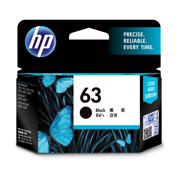 HP 63 Ink Cartridge - Black 190 Pages - for HP DeskJet 2130 / 2131 / 3630 / 3632 / Envy 4520 / 4522 / OfficeJet 3830 / 4650 / 5220 Printer