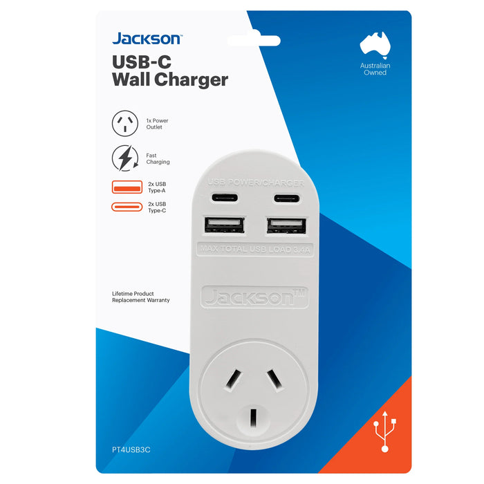 Jackson PT4USB3C USB 3.4A Wall Charger with 2x USB-A & 2x USB-C Ports - Matte White Plus 1x 3-Pin Socket - 230-240Vac - 50Hz - Charge 4x Devices Simultaneously - Compact Design - For Indoor Use Only