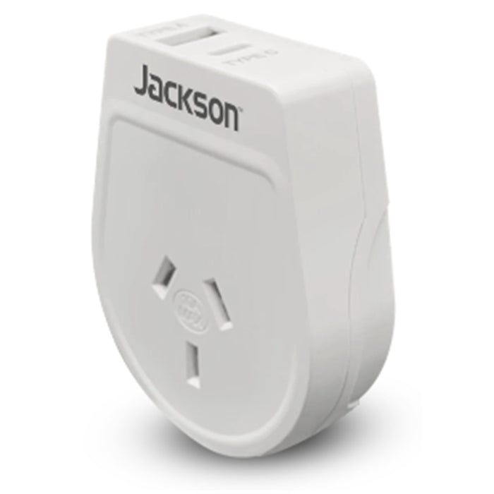 Jackson PTA8809USBMC Slim Outbound Travel Adaptor - 1x USB-A & 1x USB-C (2.1A) Charging Ports Converts NZ / AU Plugs for Use in USA / Canada & More