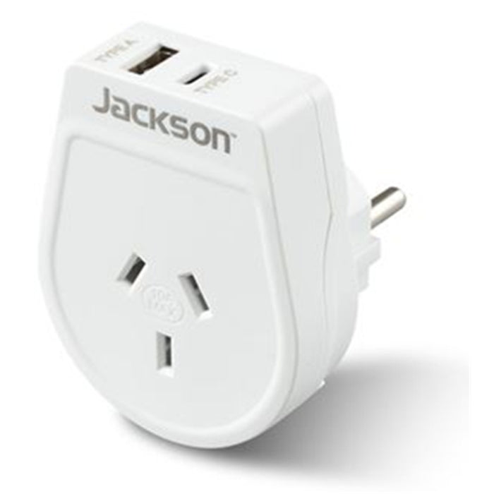 Jackson PTA8810USBMC Slim Outbound Travel Adaptor with 1x USB-A & 1x USB-C (2.1A) Charging Port Converts NZ / AU for Use in Europe / Bali / More