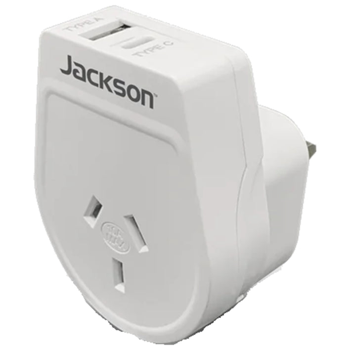 Jackson PTA8811USBMC Slim Outbound Travel Adaptor 1x USB-A & 1x USB-C (2.1A) Charging Ports Converts NZ / AU Plugs for use in UK / Hong Kong / More