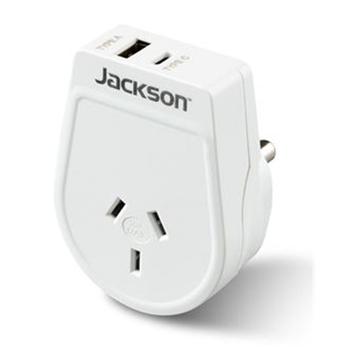 Jackson PTA8812USBMC Slim Outbound Travel Adaptor 1x USB-A & 1x USB-C (2.1A) Charging Ports Converts NZ / AUS Plugs for use in South Africa & Parts of India