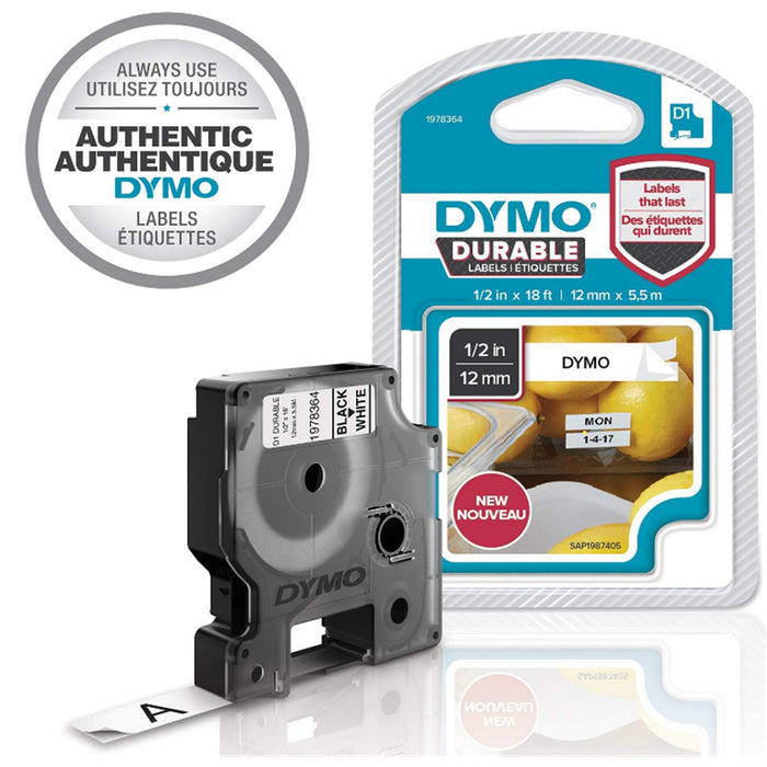 Dymo 1978364 D1 DURABLE 1/2"X18 (12MMX5M) BLK/WHT