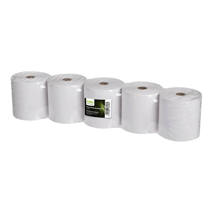 Okin ITR80X80 White Thermal Roll 80x80mm 59gsm BPA-Free thermal paper Pack of 5 Compatible with EFTPOS machines cash registers and calculatorsLong roll length of 57.7m