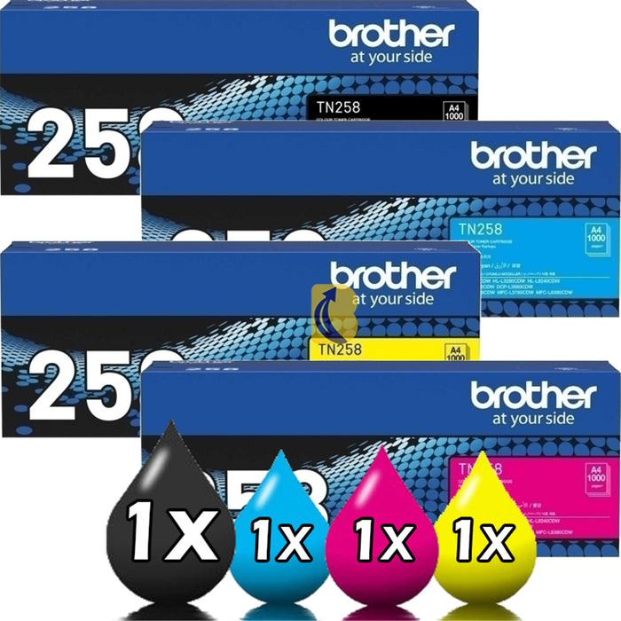 Brother TN258 Black Megenta Yellow Cyan Toner Commercial Pack Yield 1000 pages for Brother MFCL3755CDWHLL3240CDWDCPL3560CDWHLL8240CDWMFCL3760CDW MFCL8390CDW Printer