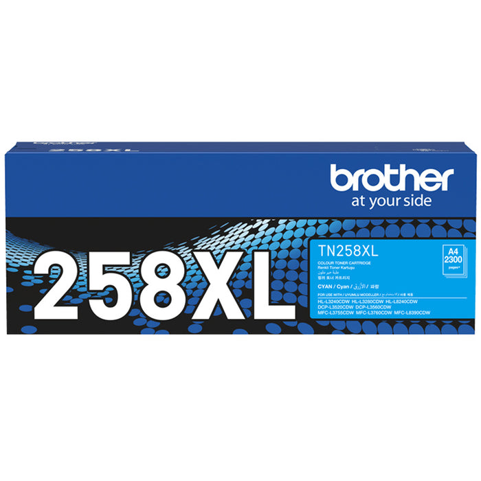 Brother TN258XLC Toner Cyan Yield 2300 pages for Brother MFCL3755CDW HLL3240CDW DCPL3560CDW HLL8240CDW MFCL3760CDW MFCL8390CDW Printer