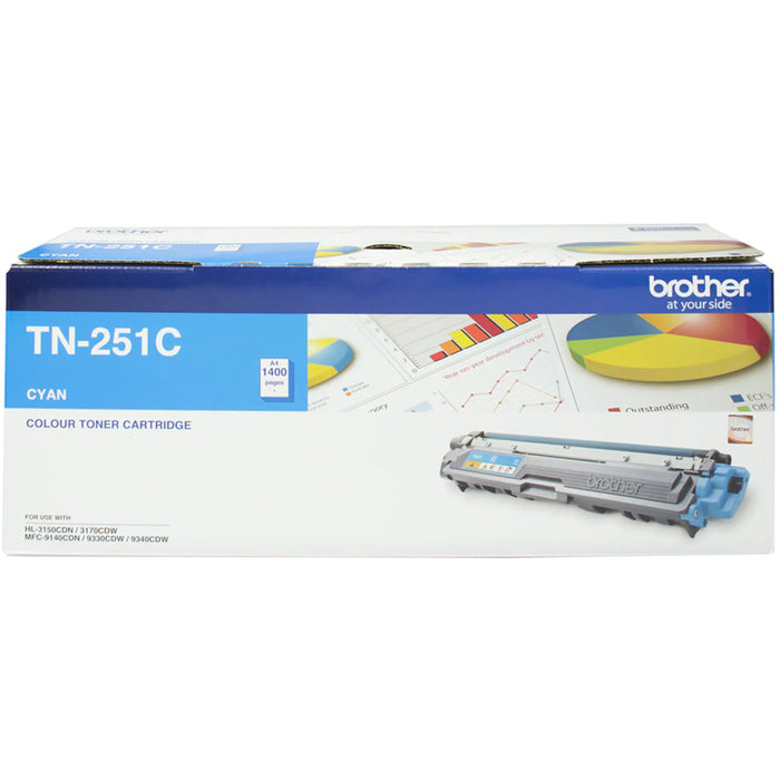 Brother TN251C Toner Cyan Yield 1400 pages for Brother HL3150CDN HL3170CDW MFC9140CDNMFC9340CDW Printer