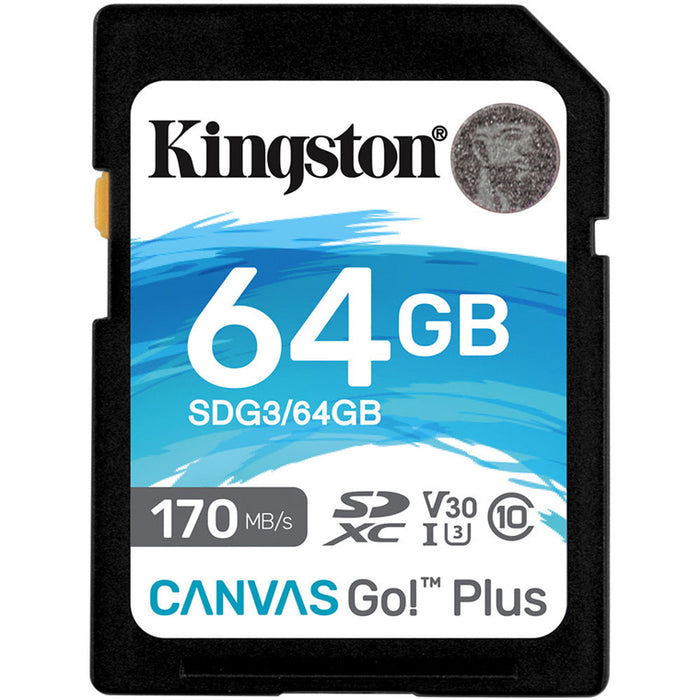 Kingston Canvas Go Plus SD Memory Card - 64GB UHS-I - Class 10 - U3 - V30 - Read up to 170MB/s - Write up to 70MB/s - for DSLRs - Mirrorless Cameras & 4K Video Production