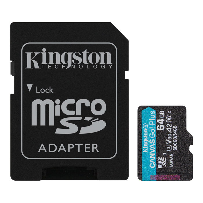 Kingston Canvas Go Plus microSDXC Memory Card - 64GB UHS-I - Class 10 - U3 - V30 - A2 - Read up to 170MB/s - Write up to 70MB/s - for Android Mobile Devices / Action Cams / Drones / 4K Video Production