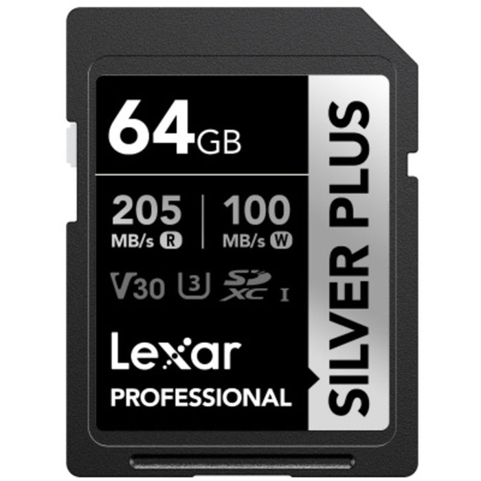 Lexar Professional SILVER PLUS SDXC Memory Card - 64GB UHS-I - Read up to 205MB/s - Write up to 100MB/s - Supports Burst-Shooting and Seamless Recording of FullHD & 4K Videos