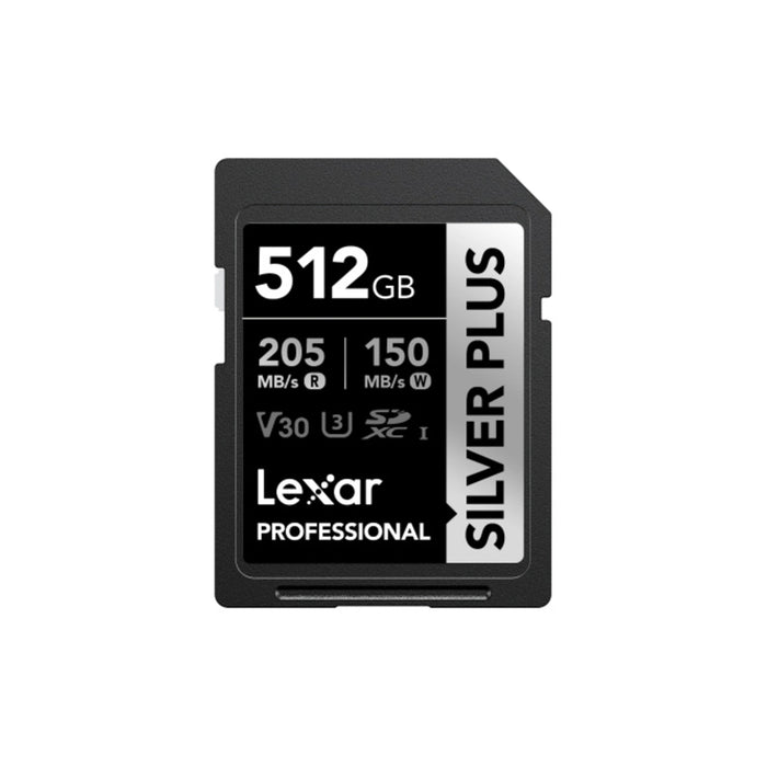 Lexar Professional SILVER PLUS SDXC Memory Card - 512GB UHS-I - Read up to 205MB/s - Write up to 150MB/s - Supports Burst-Shooting and Seamless Recording of FullHD & 4K Videos