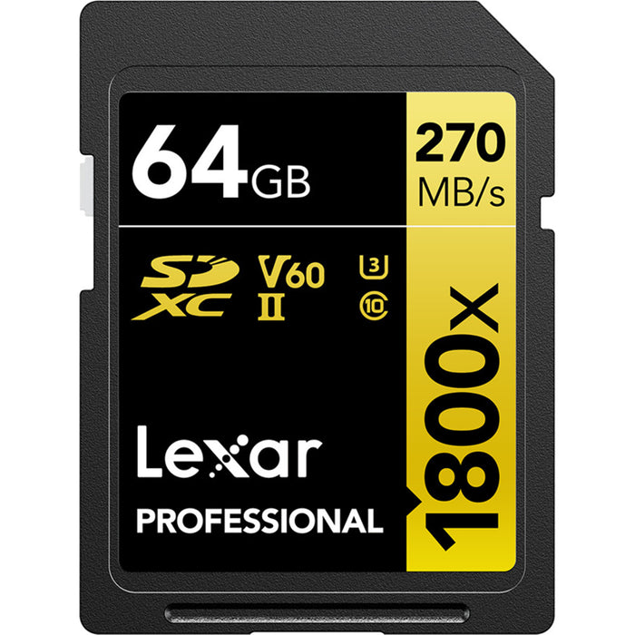 Lexar Professional Gold Series SDXC Memory Card - 64GB UHS-II - V60 - 1800x - Read up to 270MB/s - Write up to 180MB/s - Captures High-Quality Images & Extended Lengths of Stunning 1080p FHD / 3D / 4K Video with a DSLR Camera / HD Camcorder