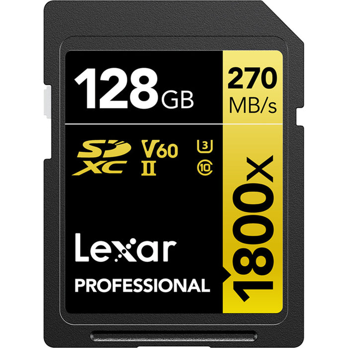 Lexar Professional Gold Series SDXC Memory Card - 128GB UHS-II - V60 - 1800x - Read up to 270MB/s - Write up to 180MB/s - Captures High-Quality Images & Extended Lengths of Stunning 1080p FHD / 3D / 4K Video with a DSLR Camera /HD Camcorder