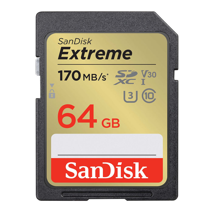 SanDisk Extreme SDXC Memory Card - 64GB Class 10 - V30 - U3 - UHS-I - Read up to 170MB/s - Write up to 80MB/s