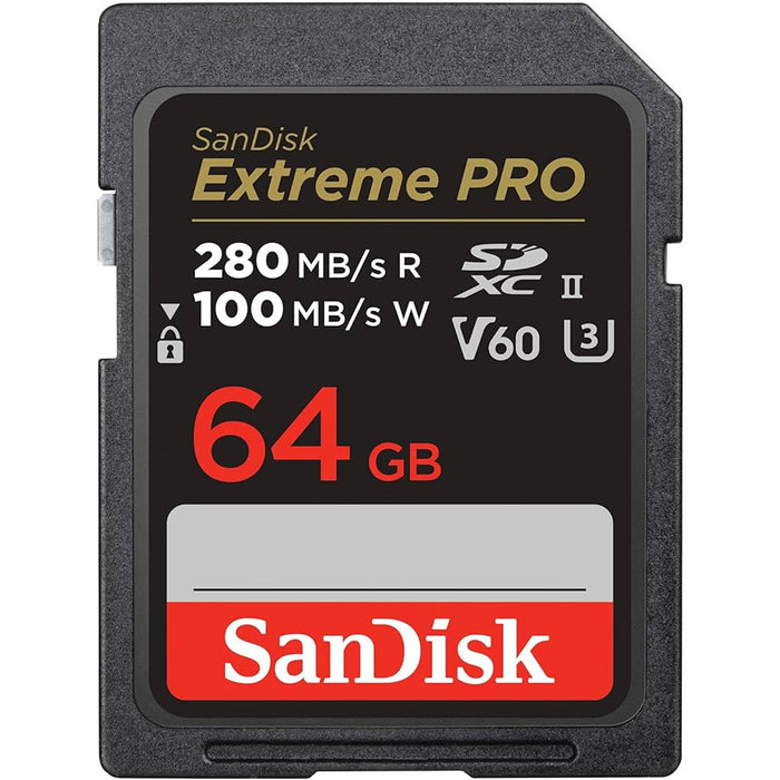 SanDisk Extreme Pro SDXC Memory Card - 64GB UHS-II - C10 - U3 - V60 - Read up to 280MB/s - Write up to 100MB/s - Exceptional & Super-Reliable 6K and 4K UHD Video Capture