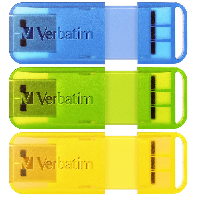 Verbatim Pop-Up USB 2.0 32Gb Triple Pack - Assorted Bright Colours - Blue/Yellow/Green