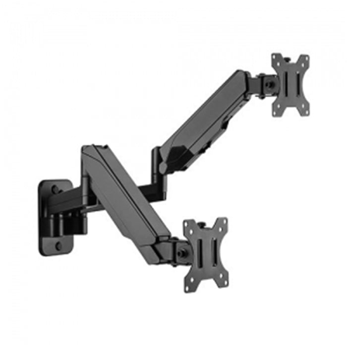 Brateck LDA30-114 17 -32  Dual Screen Wall    Mounted Gas Spring Monitor Arms. Max load: 9kgs (per arm).VESA75x75 & 100x100. Extend tilt and swivel. Detachable VESA Plate. Max Arm Extn - 422mm. Matte Black Color