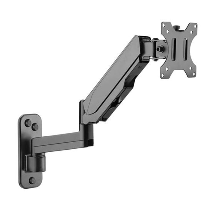 Brateck Lumi LDA30-112 17'-32' Single Screen Wall Mounted Gas Spring Monitor Arm. Max load: 9kgs. VESA 75x75 & 100 Extend tilt and swivel. Detachable VESA Plate. Max Arm Extn - 422mm. Matte Black Color