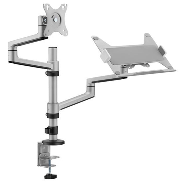 Brateck LDT72-C024ML 17"-32" Dual  Arm Premium Articulating Monitor Arm & PC Tray. Arm Extension 466mmBuilt-inCable Management Detachable VESA Plate. Desk Clamp & Grommet Mounting Inc. Matte Grey Colour.
