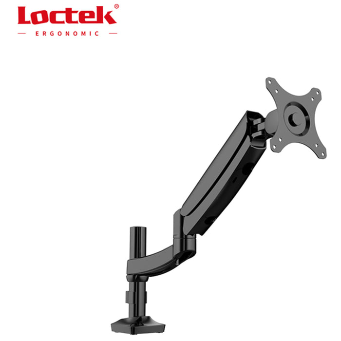 Loctek Pro Mount 10"-30" Single Gas Spring Monitor Stand - Aluminum Black - Ergonomic 360deg Swivel Arm - Max Load 5kg Per Arm - VESA 75 & 100mm - Clamp & Grommet installation - 5 Years Warranty