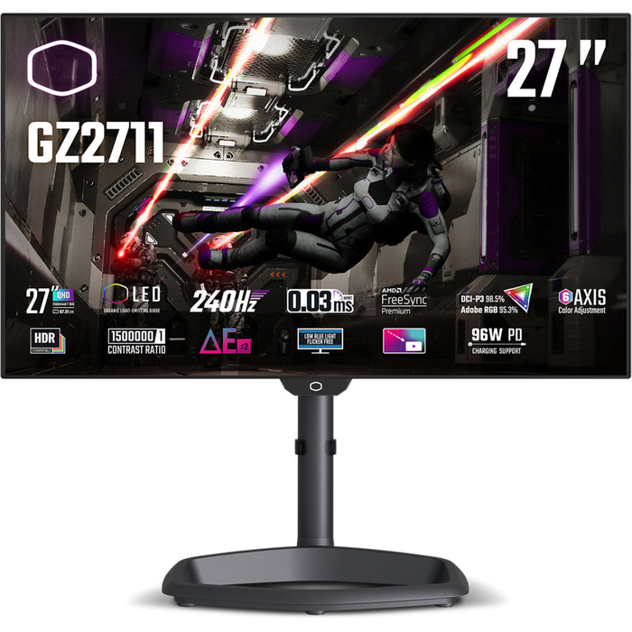 Cooler Master TEMPEST CMI-GZ2711 27" QHD 240Hz OLED Gaming Monitor 2560x1440 - 0.03ms - 2x DisplayPort - 2x HDMI - USB-C - USB Hub - AMD FreeSync Premium - HDR10 - Height / Pivot / Swivel / Tilt Adjustable - 75x75mm VESA