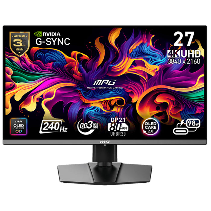 MSI MPG 272URX QD-OLED 27" 4K 240Hz QD-OLED Gaming Monitor with DP 2.1 80Gbps - 3840X2160 - 0.03ms / 240Hz - DisplayPort 2.1 - HDMI 2.1 - USB-C 98W -  G-Sync Compatible  HDR400 True Black - Height / Swivel / Tilt Adjustable - 100x100 VESA