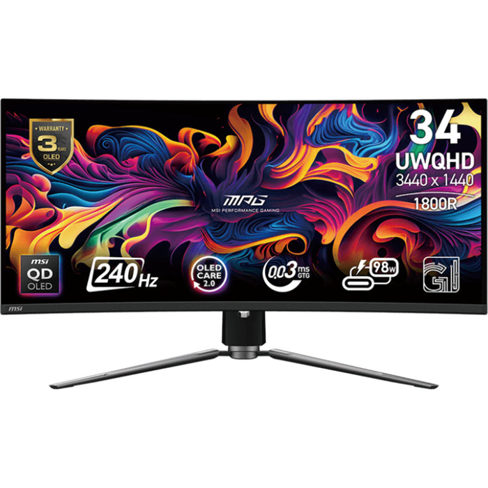 MSI MPG 341CQPX QD-OLED 34" OLED 240Hz Curved Ultrawide Gaming Monitor With VESA Certified ClearMR 13000 3440x1440 - 0.03ms - DisplayPort - 2X HDMI 2.1 - USB-C 98W - HDR True Black 400 - AMD FreeSync Premium Pro - Height Adjustable - 100x100 VESA